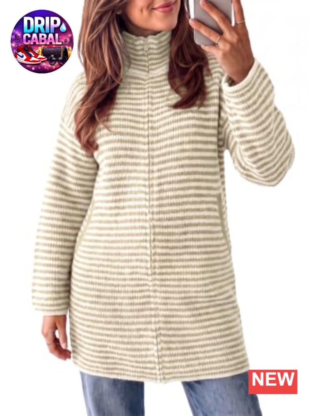 Wenrine Women's Striped Long Cardigan, Mock Neck Zip Up Sweater Dress